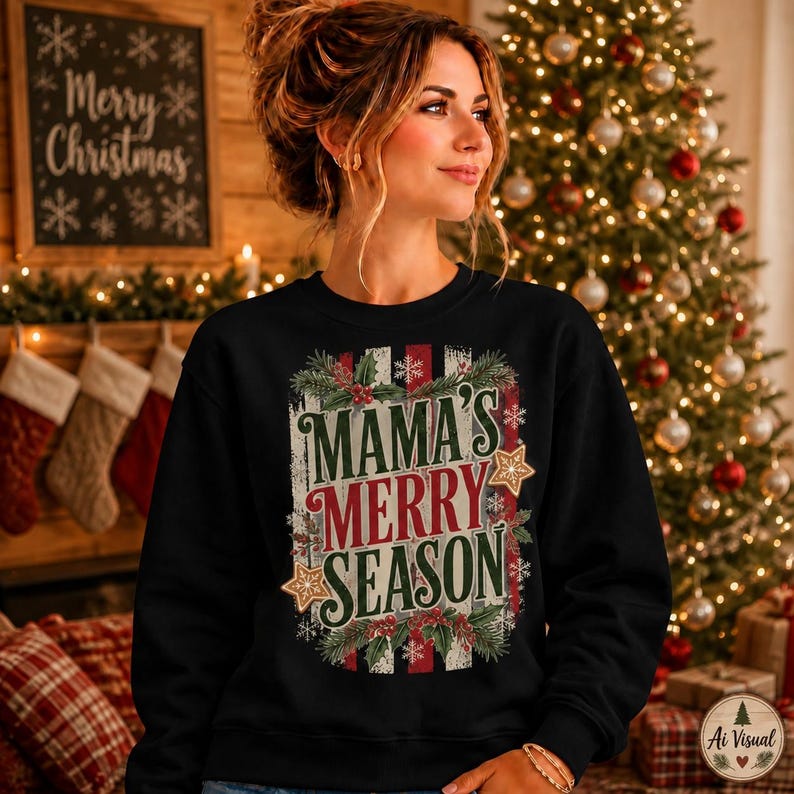 May include: A black long-sleeve sweatshirt featuring a central graphic with the text MAMA'S MERRY SEASON in green and red lettering. The design includes illustrations of pine branches, red holly berries, white snowflakes, and two gold stars.