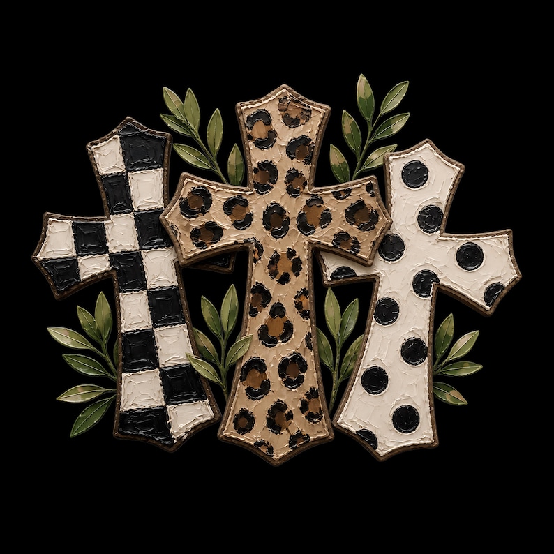 Pu&ograve; includere: Una decorazione da parete composta da tre ornamenti a forma di croce disposti insieme. La croce a sinistra presenta un motivo a scacchi bianco e nero, quella centrale una stampa leopardata beige e marrone, e quella a destra &egrave; bianca con pois neri.