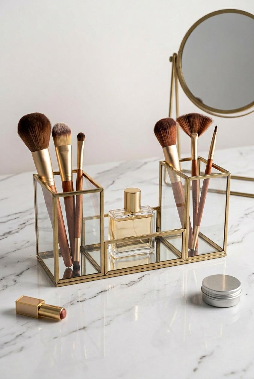 Brass Glass Makeup Organizer, Vanity Brush Holder, Gold Cosmetic Storage, Perfume Display, Modern Minimal Bathroom Decor