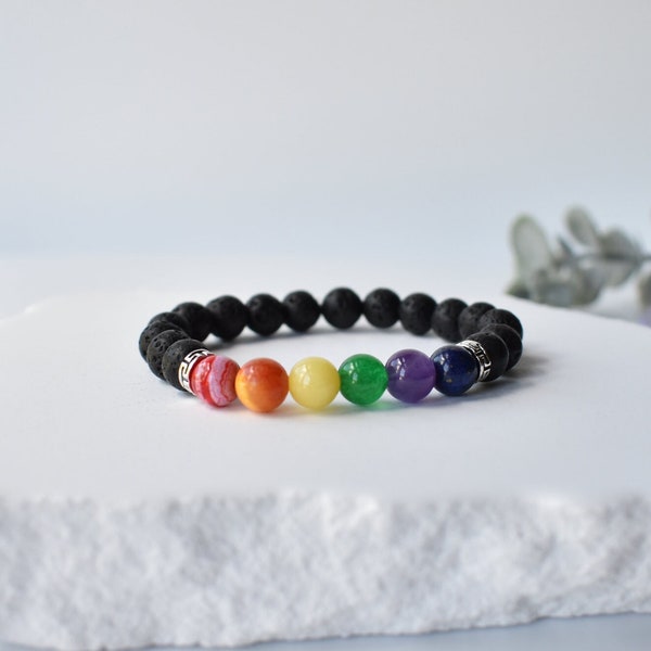 LGBTQ Pride Bracelet Gemstone Lava Rock Bracelet - LGBTQ Bracelet Cute Queer Bracelet LGBT Ally Bracelet Subtle Pride Jewelry Lgbt Bracelet