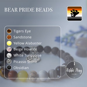 Puede incluir: Un brazalete de cuentas con un dije de bandera del orgullo del oso. El brazalete presenta diferentes piedras de colores, incluyendo ojo de tigre, piedra arenisca, alabastro amarillo, howlite beige, turquesa blanca, piedra picasso y obsidiana.