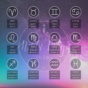 May include: A colorful zodiac chart with the astrological signs and their corresponding dates. The background is a gradient of pink, purple, and blue with a starry pattern.