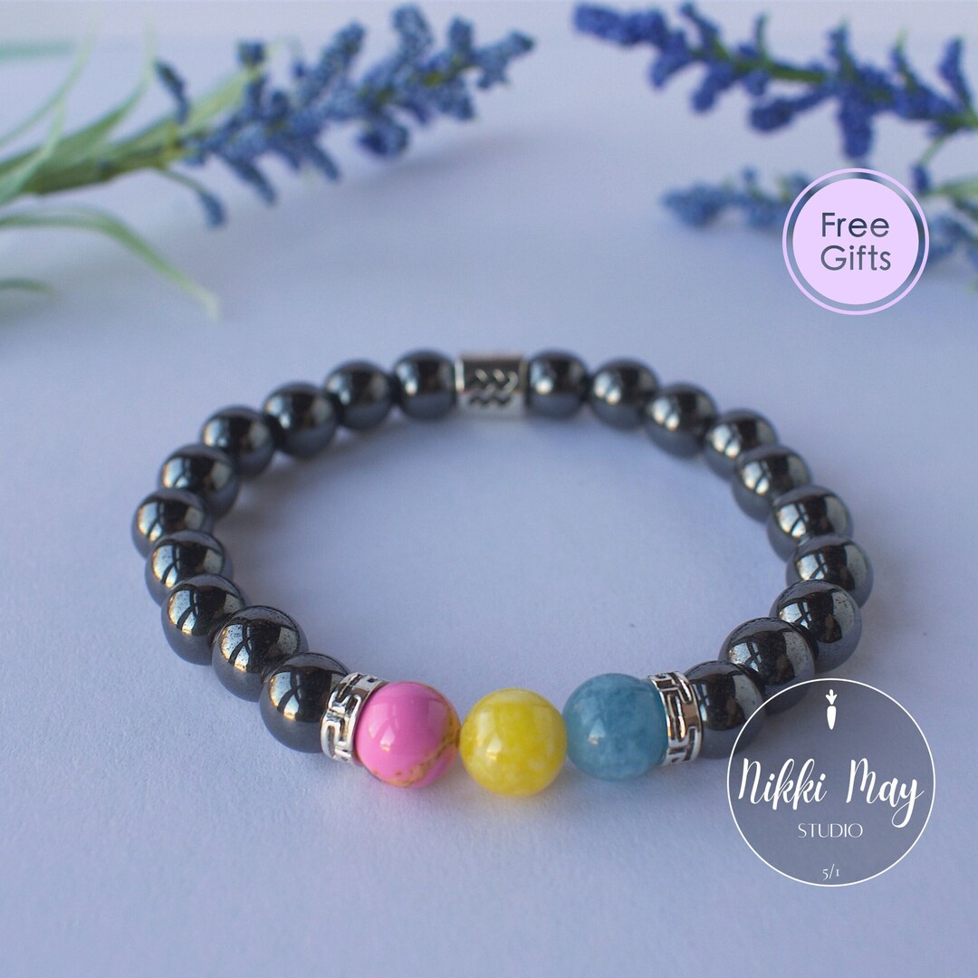 Pansexual Bracelet Black Hematite Zodiac Sign Gemstone Bracelet Cute