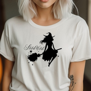 T-shirt da cucito di Halloween, maglietta da trapuntatura con strega carina, trapuntatura di Halloween, maglietta da cucito autunnale, maglietta da trapuntatura divertente