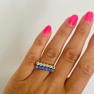 Three Rings in One Evil Eye Ring in Blue and White and Simple Plank Ring Sterling Silver 925 one of a kind