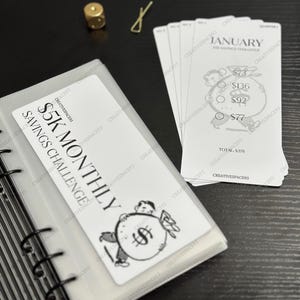 以下が含まれることがあります： 「JANUARY SAVINGS CHALLENGE」というテキストと、大きなお金の袋を持った人物の漫画イラストが描かれた白いカード。カードの合計は378ユーロです。