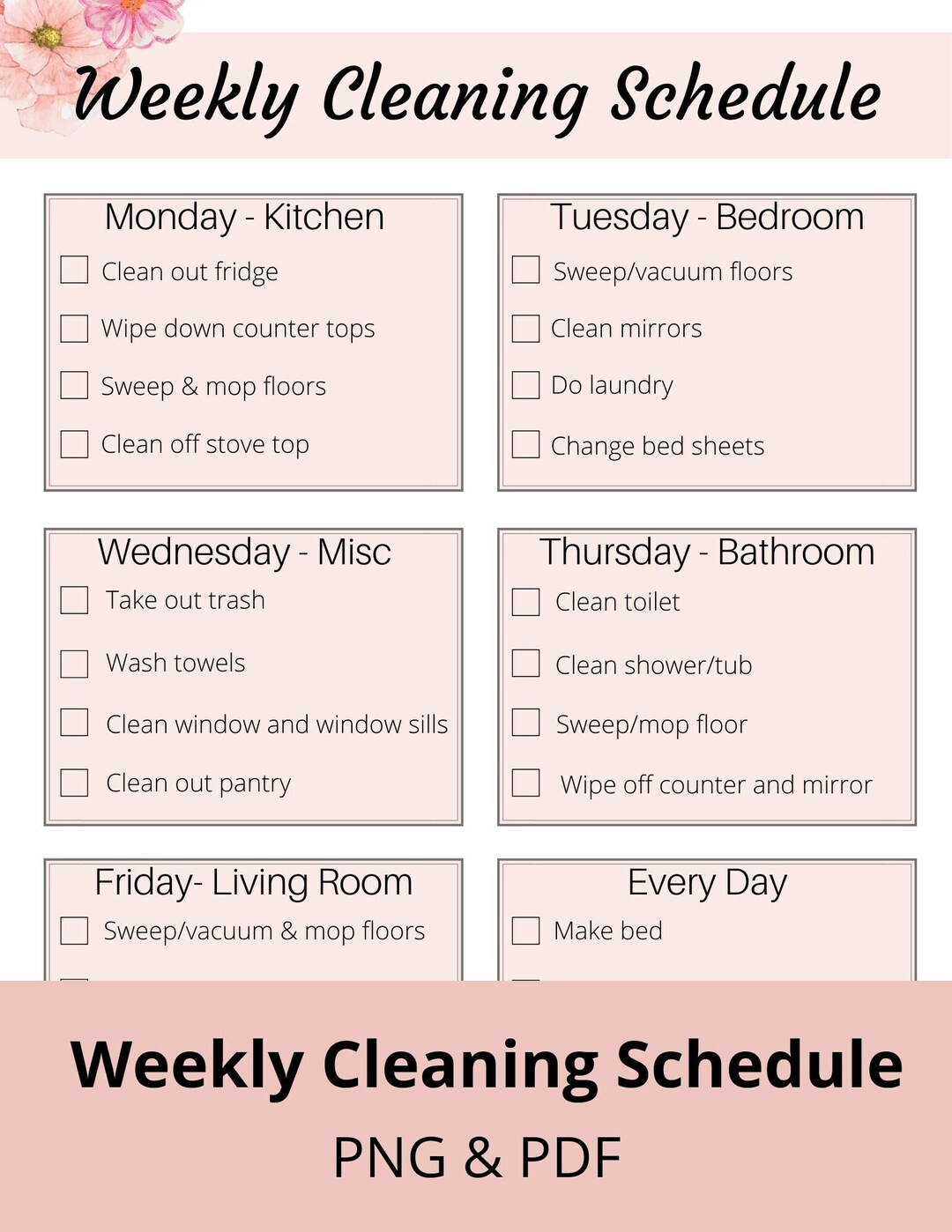 Weekly Cleaning Schedule, Floral Cleaning Schedule, Cleaning Checklist ...