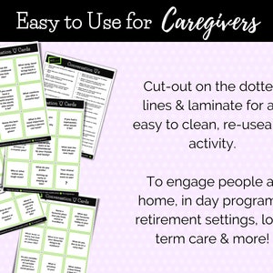 May include: Conversation starter cards for caregivers. The cards are green and white with black text. The cards have questions to help start conversations with people in care settings. The text on the cards reads "Conversation O' Cards".