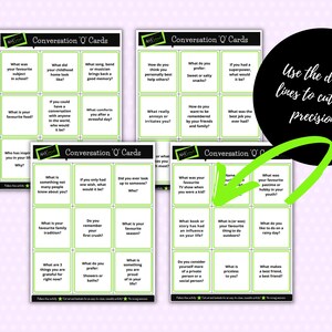 May include: Conversation starter cards with green and black text on a white background. The cards have questions to spark conversation. The text on the cards reads "Conversation 'Q' Cards".
