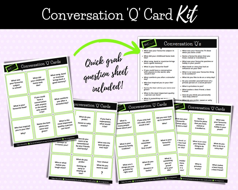 May include: Conversation 'Q' Card Kit with a green and white design. The cards feature conversation starters for adults and children. The cards are printed on white cardstock with green text and a green border. The cards are designed to help people connect and have meaningful conversations.