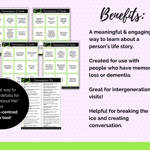 May include: Conversation cards with prompts to help start conversations. The cards are green and white with black text. The text on the cards includes phrases like "What was your favorite childhood memory?" and "What is your favorite family tradition?" The cards are designed to help people learn about a person's life story. The cards are also helpful for people with memory loss or dementia. The cards are great for intergenerational visits and can help break the ice and create conversation.