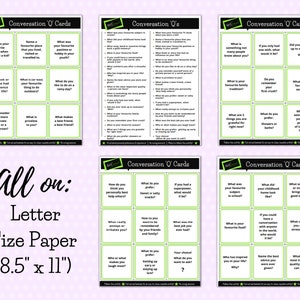 May include: A set of 24 conversation starter cards printed on letter-sized paper (8.5 inches by 11 inches). The cards are green with black text and feature a variety of questions to spark conversation.
