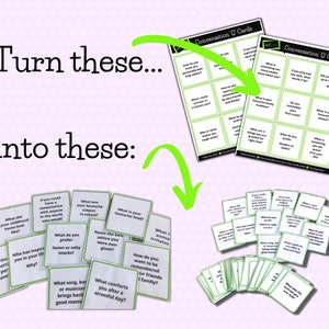 May include: A set of conversation starter cards with green borders and white text. The cards are laid out on a pink background with white polka dots. The text on the cards includes questions like "What is your favorite food?" and "What song, band, or musician brings back good memories?"