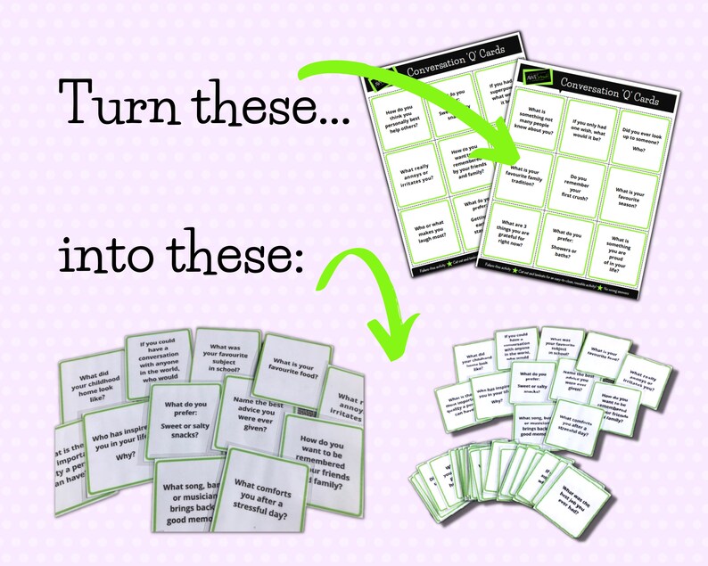 May include: A set of conversation starter cards with green borders and white text. The cards are laid out on a pink background with white polka dots. The text on the cards includes questions like "What is your favorite food?" and "What song, band, or musician brings back good memories?"