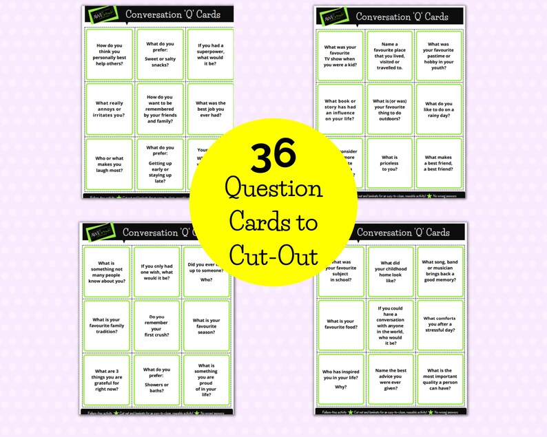 May include: Thirty-six conversation starter cards with green and yellow borders. The cards are printed with questions to spark conversation. The cards are ready to be cut out.