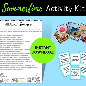 May include: A printable summertime activity kit with colorful picture cards and questions to spark conversation. The cards feature images of ice cream, a beach, a sunflower, a watermelon, and a cottage. The questions ask about favorite summer activities, traditions, and vacation preferences.