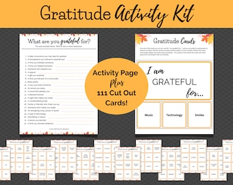 Puede incluir: Un kit de actividades de gratitud imprimible con un tema otoñal. El kit incluye una página con indicaciones para escribir cosas por las que estás agradecido, una página con el texto "Estoy agradecido por..." y tres espacios en blanco para rellenar, y 111 tarjetas recortables con varias indicaciones.