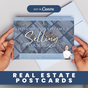 Marketing di cartoline immobiliari per agenti immobiliari, trova potenziali venditori, busta postale per cartoline agricole, aiuta gli acquirenti a trovare una casa, modello Canva