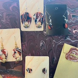Marbled Collection: Black, White, Orange & Red | Polymer Clay and Chain Jingling Earrings (clip-on available)