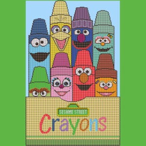 May include: A colorful illustration of Sesame Street crayons. The crayons are in a box with the words "Crayons" and the Sesame Street logo. The crayons are various colors and feature Sesame Street characters.