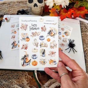 Halloween Stickers, Planner Stickers, Witch Stickers, Journaling Stickers, Flower Stickers