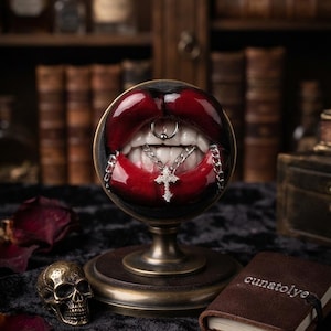 May include: A sculpture of a mouth with glossy dark red lips and white teeth, featuring a silver septum ring and a silver chain necklace with a cross pendant hanging from the teeth, mounted on a circular bronze-colored pedestal base.