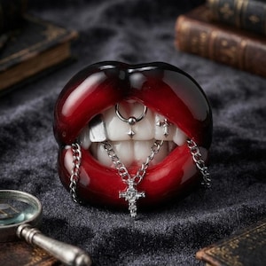 May include: A sculpture of glossy dark red lips with white teeth, featuring silver-toned piercings including a septum ring, a small cross, and a metal plate. A silver chain hangs from the teeth, adorned with a central cross pendant.