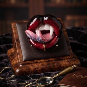 May include: A sculpture of a pair of glossy dark red lips with white vampire fangs and a protruding tongue. The lips feature a small gold hoop ring piercing on the lower lip. The sculpture is mounted on a dark brown, angled display stand.