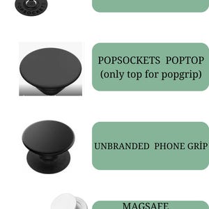 Puede incluir: Una colecci&oacute;n de accesorios para tel&eacute;fono que incluye unidades PopSockets PopGrip negras, un PopSockets PopTop, un agarre para tel&eacute;fono negro sin marca y agarres magn&eacute;ticos MagSafe en blanco y negro. Cada art&iacute;culo tiene un dise&ntilde;o circular plegable.