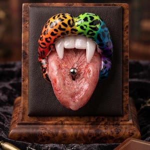 May include: A sculptural wall mount featuring a pair of lips with a rainbow leopard print pattern, white vampire fangs, and a realistic textured tongue with a silver-toned metal ball piercing, all set against a dark brown square leather panel.