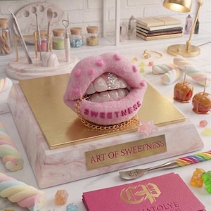 Puede incluir: Una escultura de boca de felpa rosa con una parrilla de diamantes y la palabra "SWEETNESS" en una cadena dorada. La escultura se encuentra sobre una base de mármol con el texto "ART OF SWEETNESS". La imagen incluye caramelos y frascos.