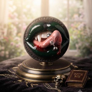 May include: A circular display piece featuring sculpted dark green lips with sharp white fangs and a pink tongue pierced with a silver barbell. The piece sits on a round bronze-toned base next to a small metallic skull and a tiny book labeled BITE ME.