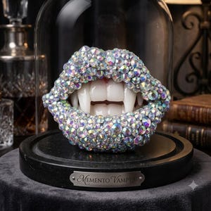 Puede incluir: Una escultura de labios cubiertos de cristales iridiscentes multifacéticos, con prominentes colmillos de vampiro blancos. La pieza está montada sobre una base circular negra con una placa plateada que dice MEMENTO VAMPYRI, bajo una cúpula de cristal.