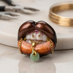 Labios con efecto degradado marrón y negro, soporte para teléfono MagSafe con acabado brillante y collar de jade.
