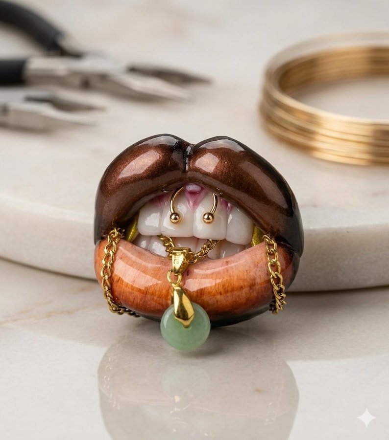 Puede incluir: Una escultura de labios abiertos con el labio superior marr&oacute;n oscuro y el inferior marr&oacute;n claro, mostrando dientes blancos. Un aro de septum dorado est&aacute; en el labio superior y una cadena dorada con un peque&ntilde;o colgante redondo verde claro.
