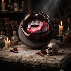 May include: A circular wall plaque featuring glossy dark brown lips with sharp white fangs, a silver septum piercing, and a pink tongue. The text BITE ME is embossed on the upper lip. The design includes a textured dark brown base.