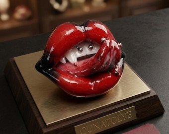 Pode incluir: Uma escultura de lábios vermelhos e brilhantes com presas e piercings, montada numa base de madeira com uma placa de latão. Um cartão de visita com o texto "CA @cunatoly / Art of the Pout" também está presente.