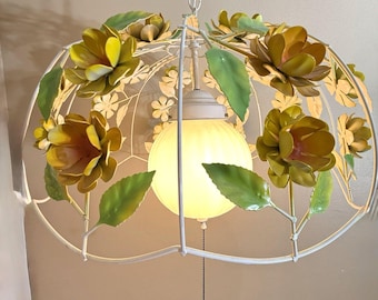Vintage große Tole Gelbe und Orange Blumen Swag Lampe, italienischer Stil, 20Dia