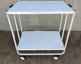 Vintage 1980&#39;s FRZ White Folding Metal Bar Cart, Perfect For Small Spaces, Collapses for Storage!