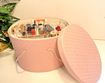 Vintage Pink Quilted Oval Sewing Case Box Quilted Vinyl With Supplies By Model Home by Enrich Co