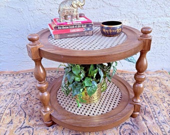 Vintage Two Tier Faux Wood Round Side Table With Cane Shelves - Made of Plastic!
