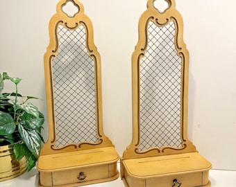 Vintage French Provincial Pair Wall/Dresser Wire Back Yellow Wood Shelves