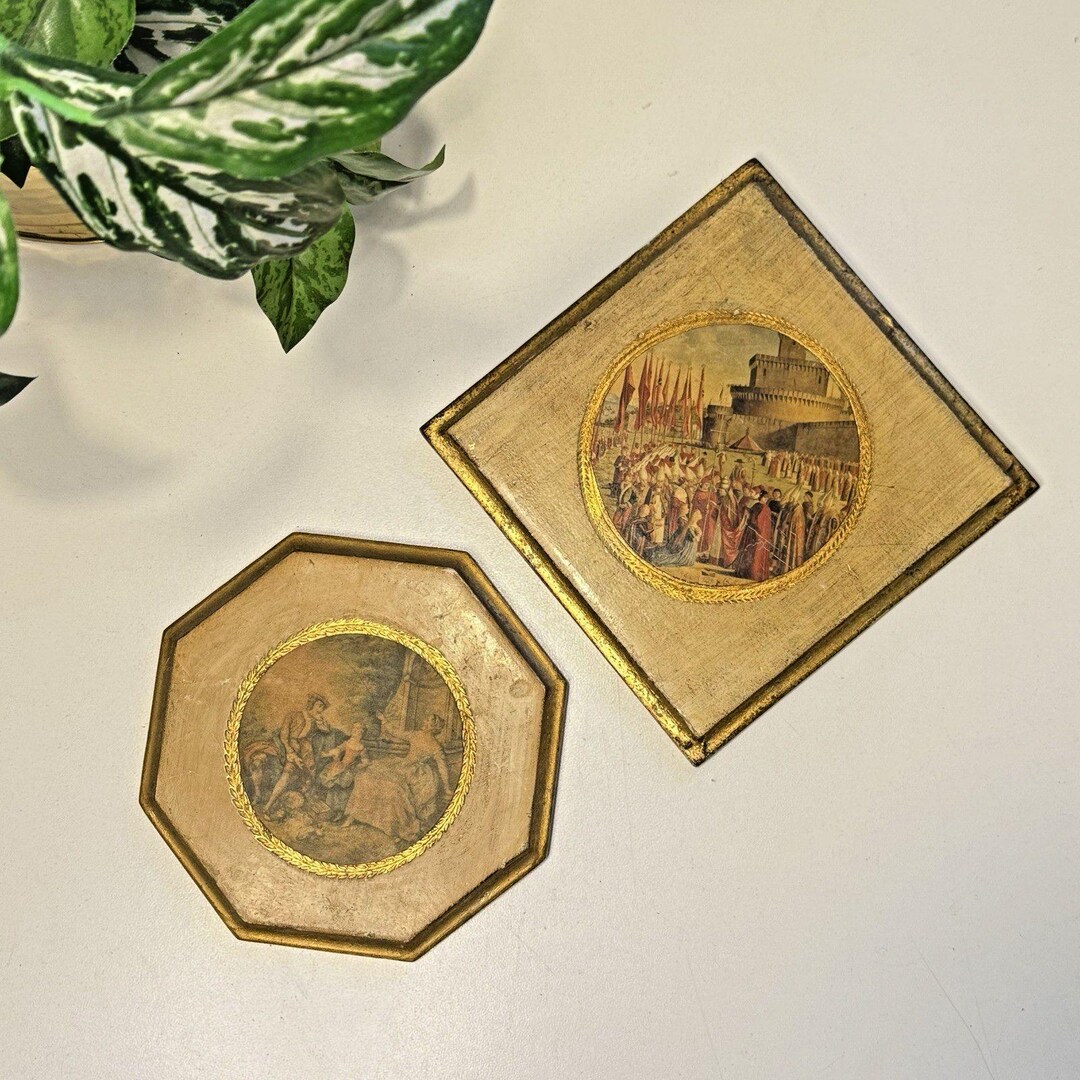 Set of 2 Vintage Italian Florentine Plaques W Antique Scenes Octagon ...