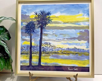 Lámina estilo bandolero de Patricia Watt, enmarcada, 12x12 pulgadas, escena oceánica azul/amarilla.