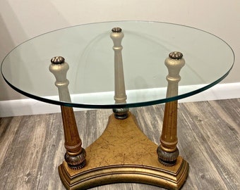 Vintage Gold Italian Regency Style Side Table, Three Columns, Round Glass Top