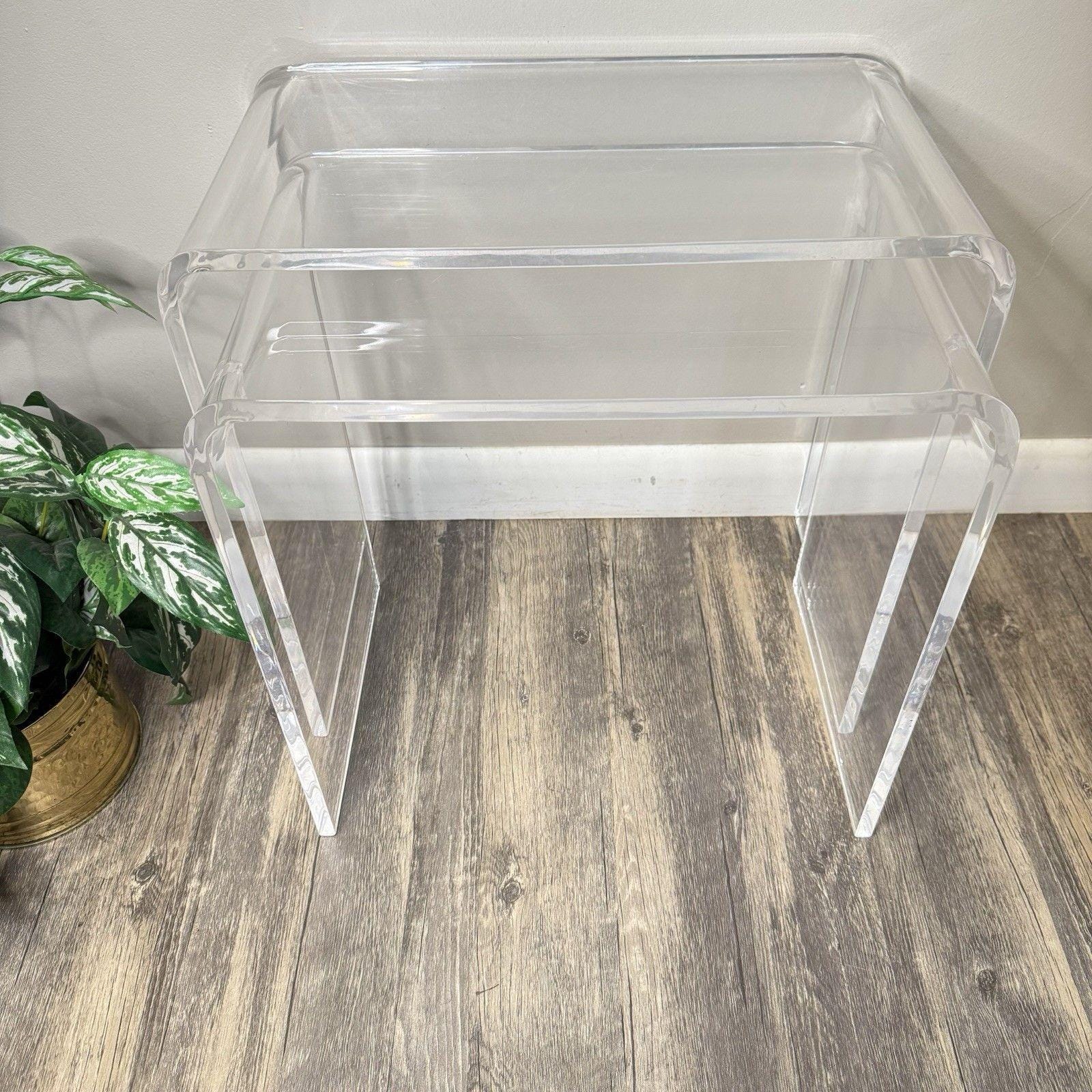Vintage 1980 Pair Clear Lucite / Acrylic Pair Nesting Side Tables Set 1