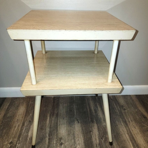 Vintage MCM Beige Two Tiered End Side Table With Formica Shelves, Tapered Legs