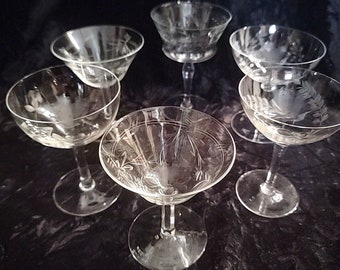 Vintage Mismatched Champagne Coupe Glasses Set Of 6 - Crystal, Etched, Floral