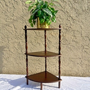 Vintage 3-Tier Wood Corner Shelf, Turned Spindles, 29 Inches High