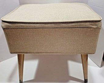 Vintage Beige Vinyl Sewing Seat Stool Hassock Ottoman w/Storage
